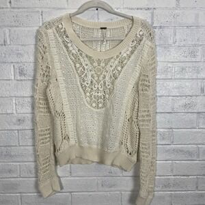 Free People Boho Layering Lace Knit Sweater Top Womens Size M Ivory Stretch